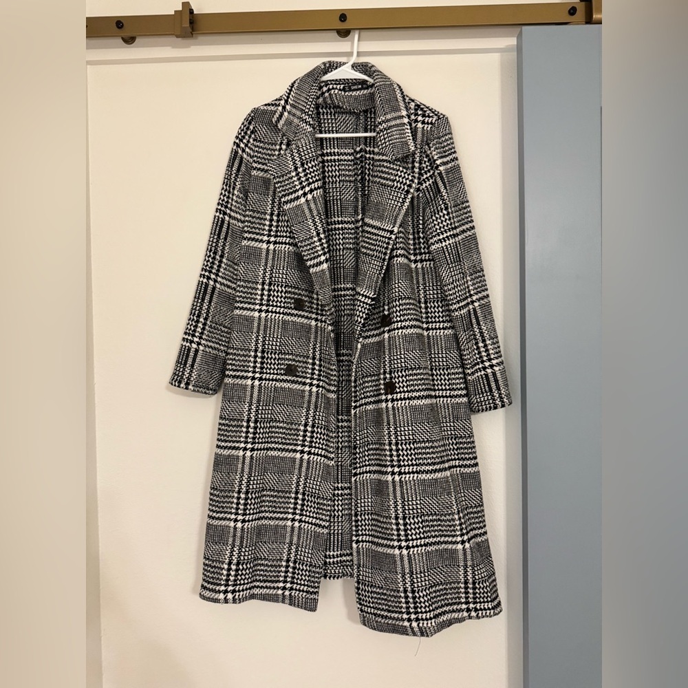 Black & White HoundstoothWomen's Long Coat, Women’s Winter Coat- Small